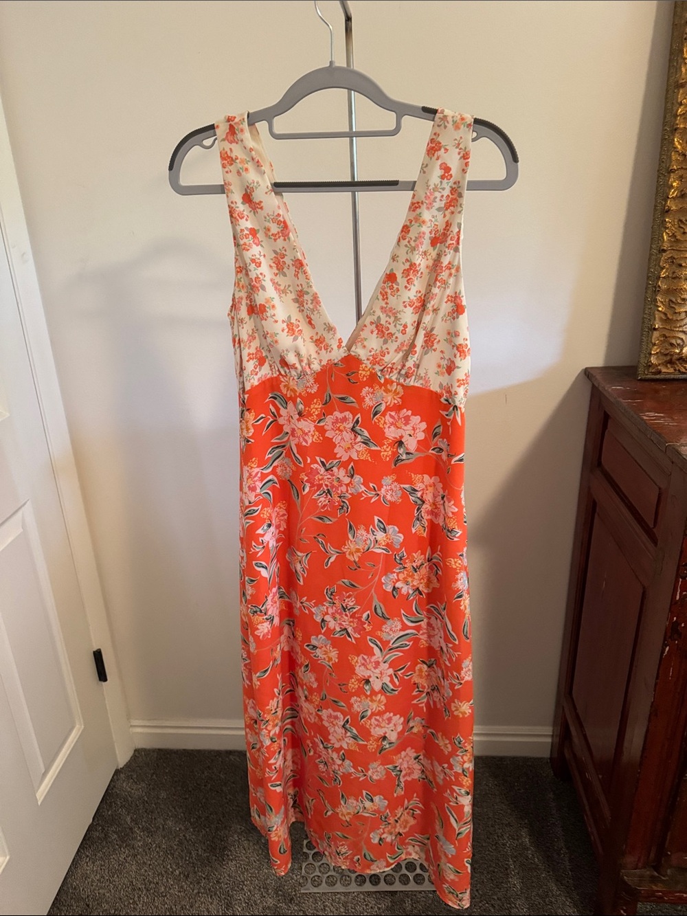 Floral V-Neck Lined Maxi Dress in Coral and Ivory